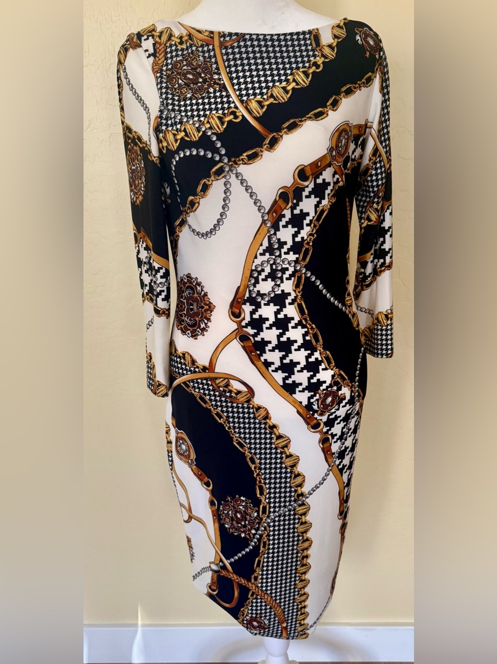 CACHE Equestrian Houndstooth Horsebit Print Dress SZ 4 stretch lined 3/4 Sleeve